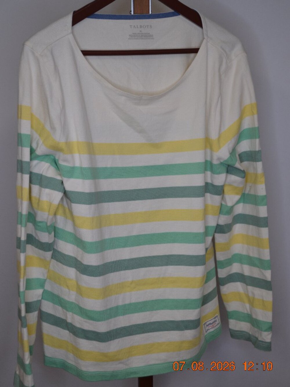 Talbots Women's XL Green Yellow Striped Long Sleeve Cotton Top